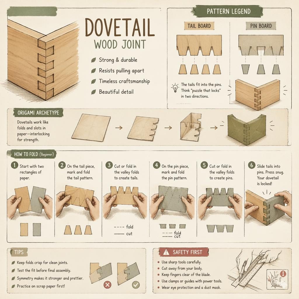 Sketchnote-style DIY infographic showing dovetail wood joint patterns folded in paper, with hands positioning pieces in muted earth tones.