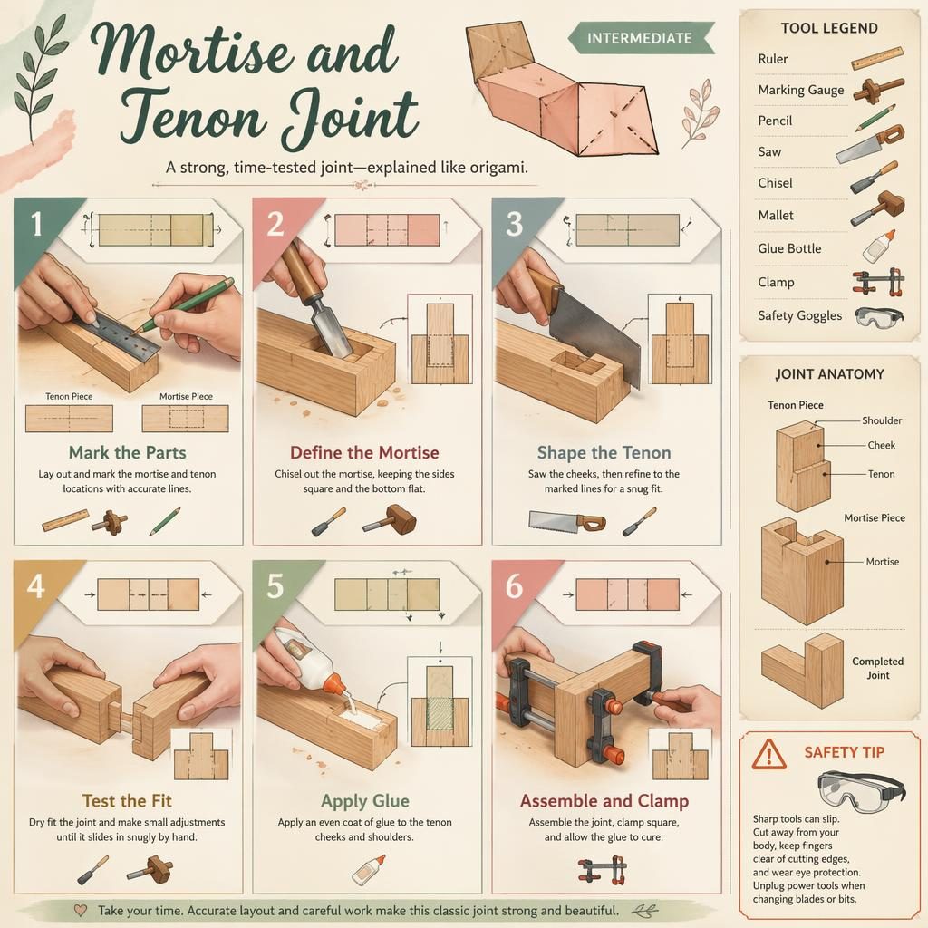 Infographie DIY en 6 étapes montrant un assemblage mortaise-tenon avec schémas style origami, outils et panneau sécurité.