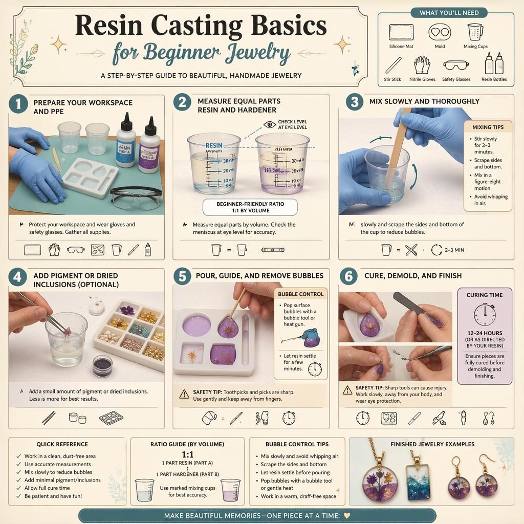 DIY infographic with 6 numbered steps for beginner resin jewelry, showing tools, mixing, pouring, curing, and safety tips.