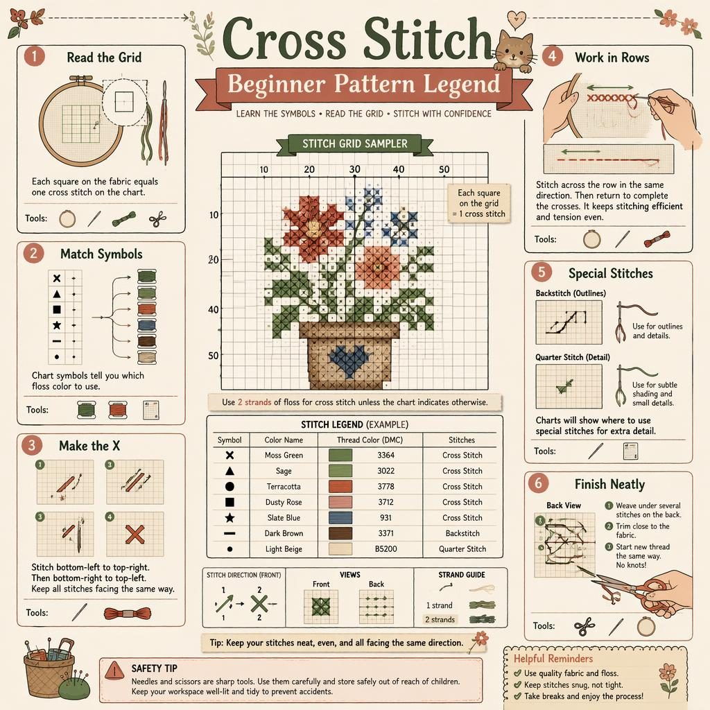Craft infographic with 6 cross stitch panels, central stitch grid sampler, symbol legend cards, tools, arrows, and safety tip.