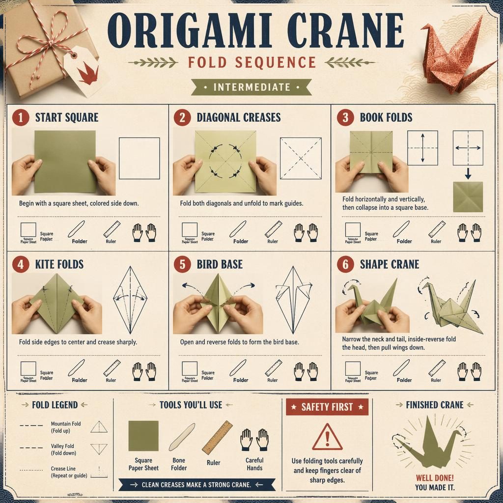 Vintage-style origami crane fold sequence infographic with 6 numbered steps, hand positions, fold arrows, legend, tools, and crane silhouette.