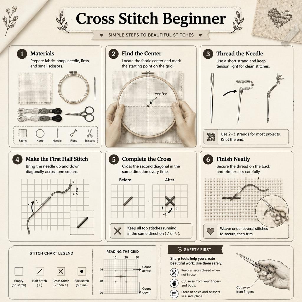 Monochrome DIY-Infografik mit 6 Schritten für Kreuzstich-Anfänger, Stichraster, Werkzeug-Icons, Hände und Sicherheitshinweis.
