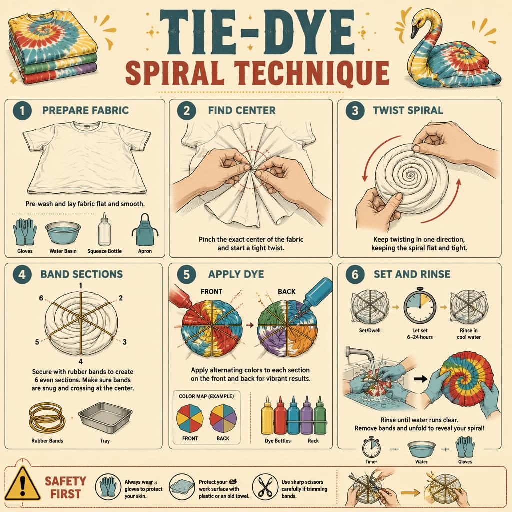 DIY-Infografik mit 6 Schritten zur Tie-Dye-Spiraltechnik, Händen, Werkzeug-Icons, Sicherheitsnotiz und Schwan-Silhouette