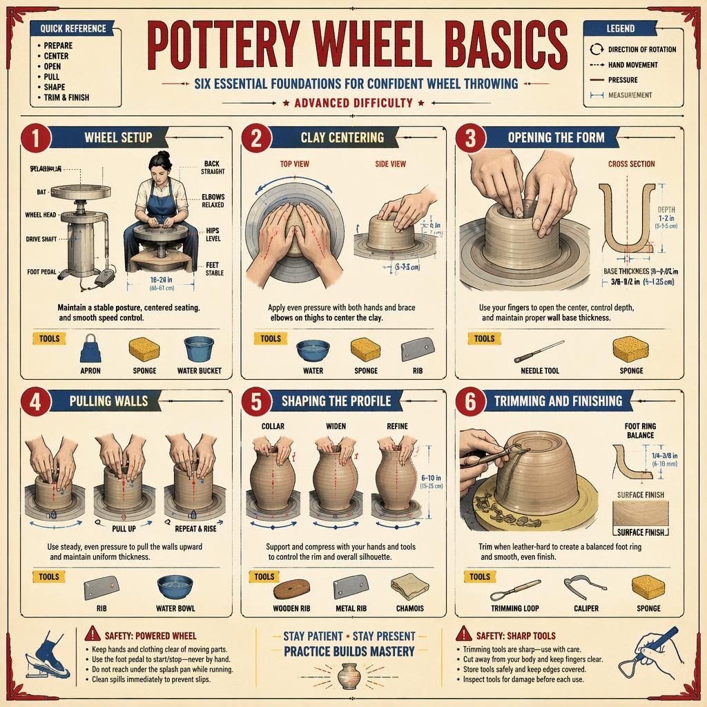 Vintage-Infografik mit 6 nummerierten Feldern zu Töpferscheiben-Grundlagen, technischen Handdiagrammen und Werkzeugicons.