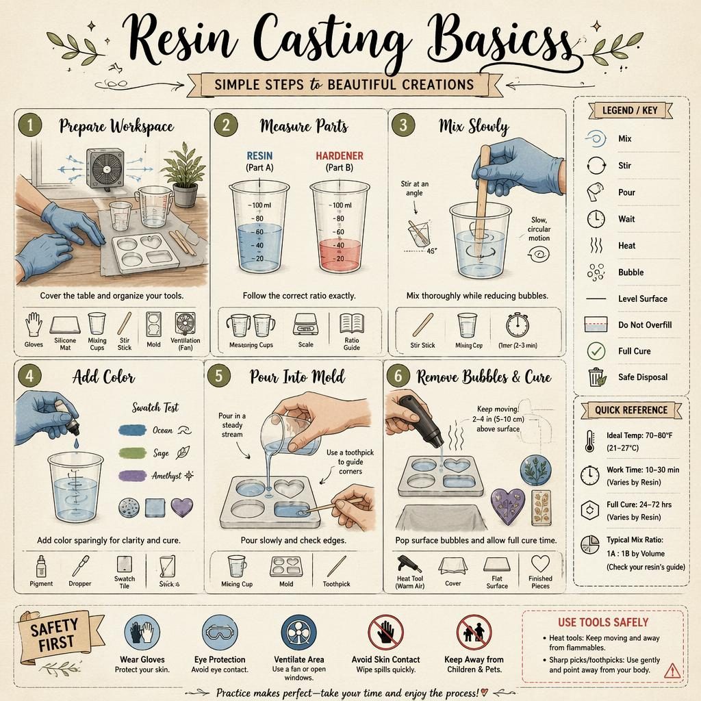Sketchnote craft infographic showing 6 resin casting basics panels, tool icons, safety symbols, arrows, and legend key.
