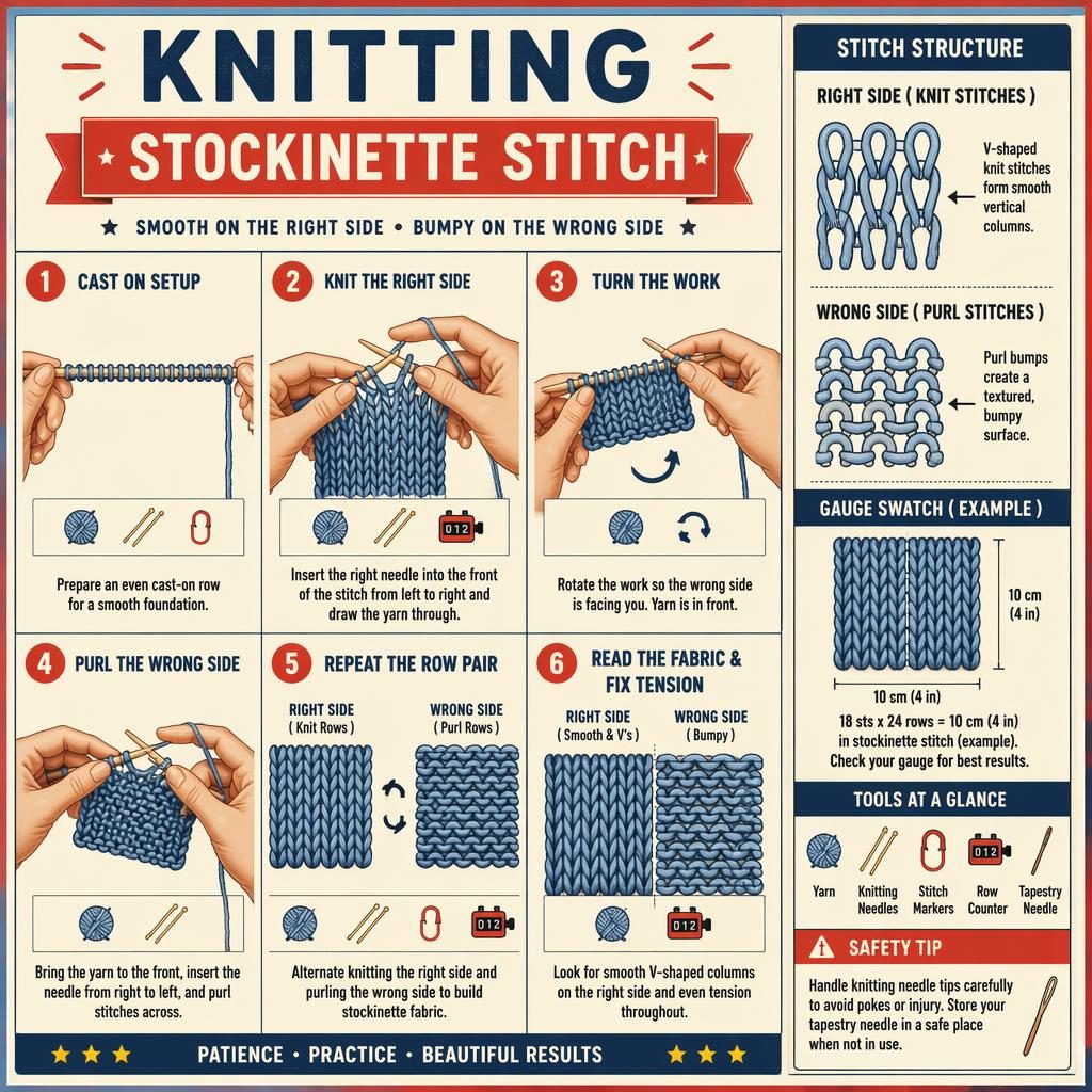 Vintage-style knitting infographic with 6 numbered stockinette stitch steps, hand diagrams, tool icons, gauge swatch, and side panel.