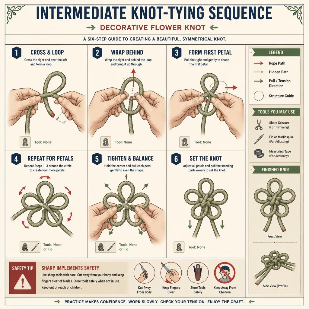 DIY-Infografik mit 6 nummerierten Schritten für einen dekorativen Knoten, Hände, Pfeile, Schlaufen und Detailansicht.