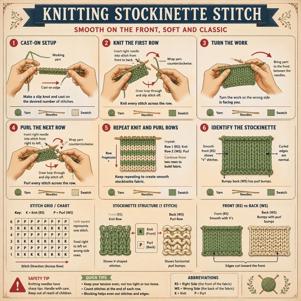 Beginner knitting infographic with 6 numbered stockinette stitch steps, hand diagrams, stitch grid, arrows, icons, and safety note.