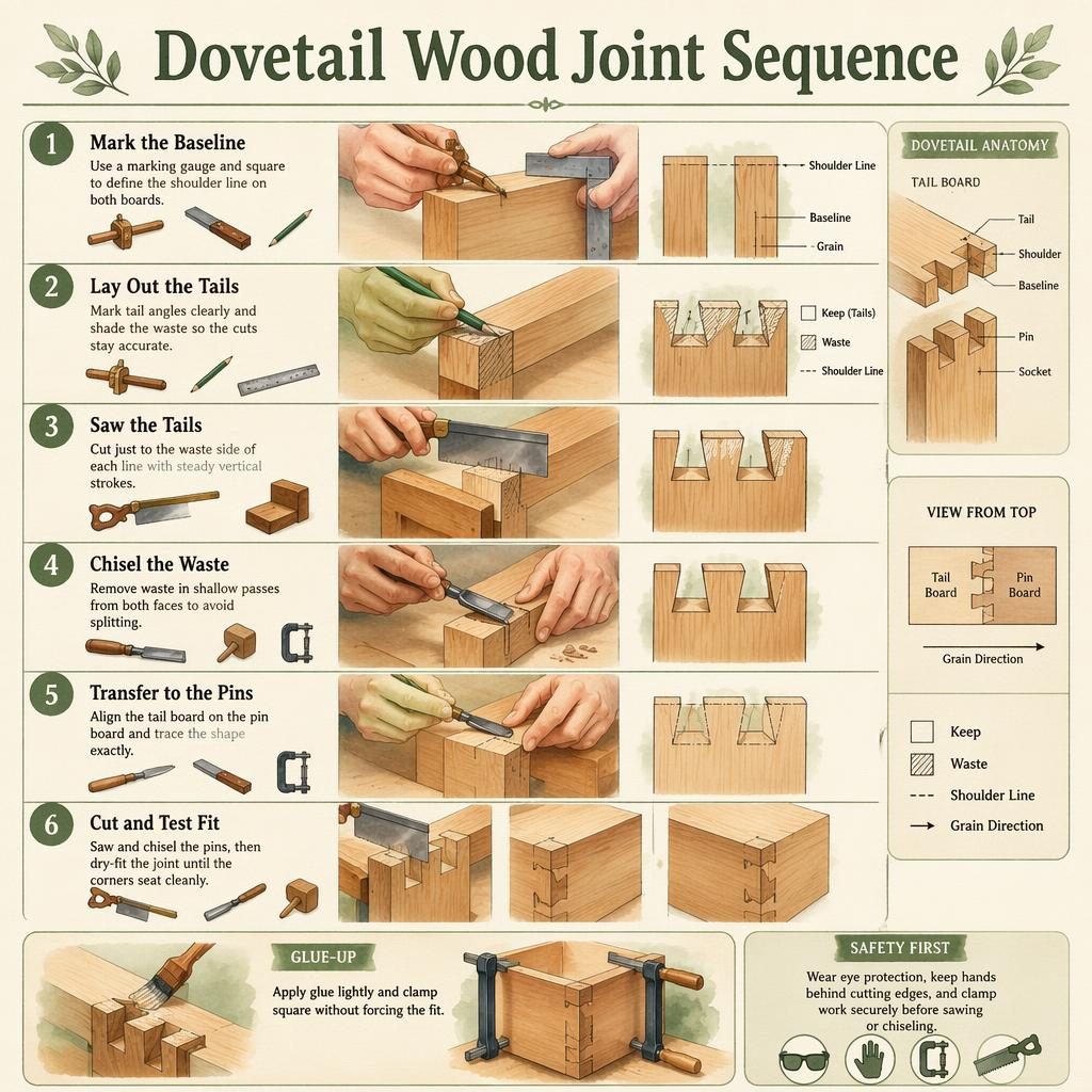 Watercolor DIY infographic showing 6 numbered steps for a dovetail wood joint, with tools, diagrams, arrows, and safety tip.
