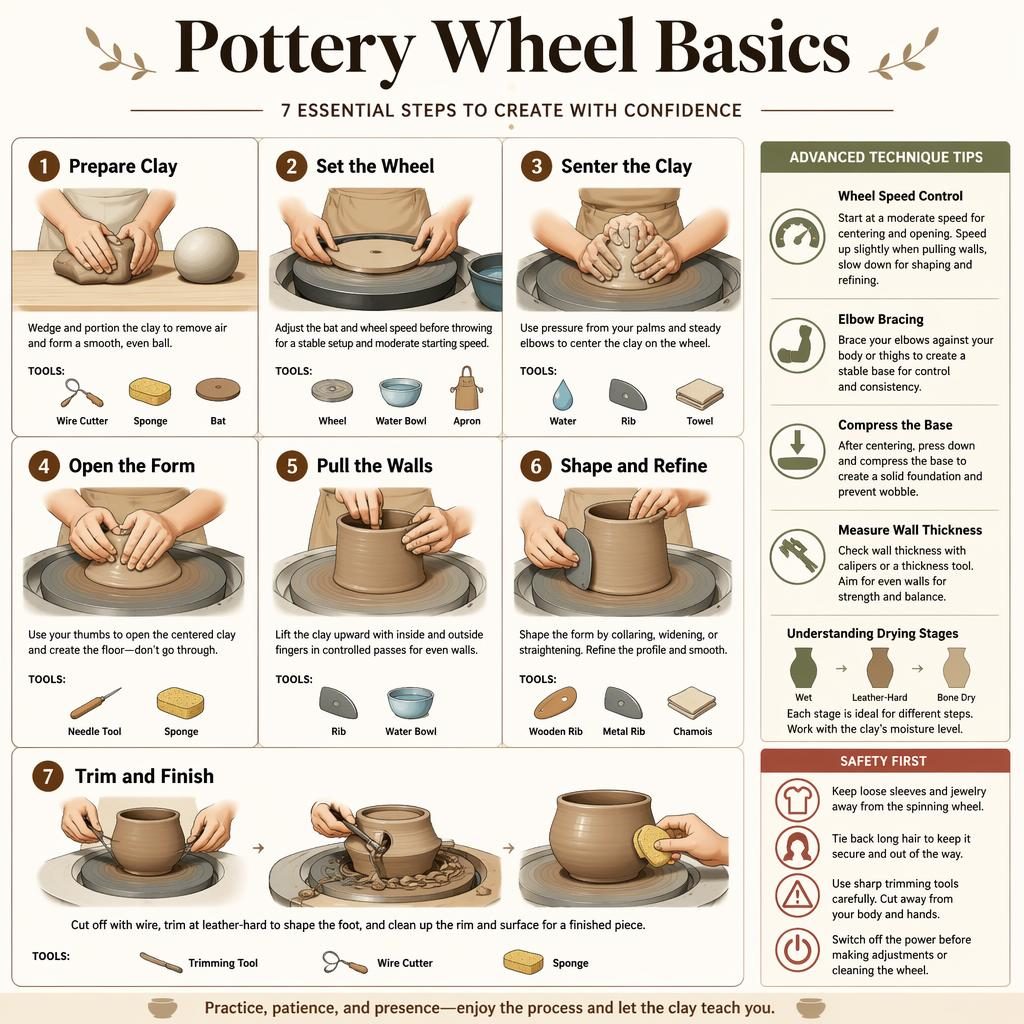 Minimal flat infographic showing 7 pottery wheel basics steps with numbered diagrams, tool icons, callouts, and safety tips