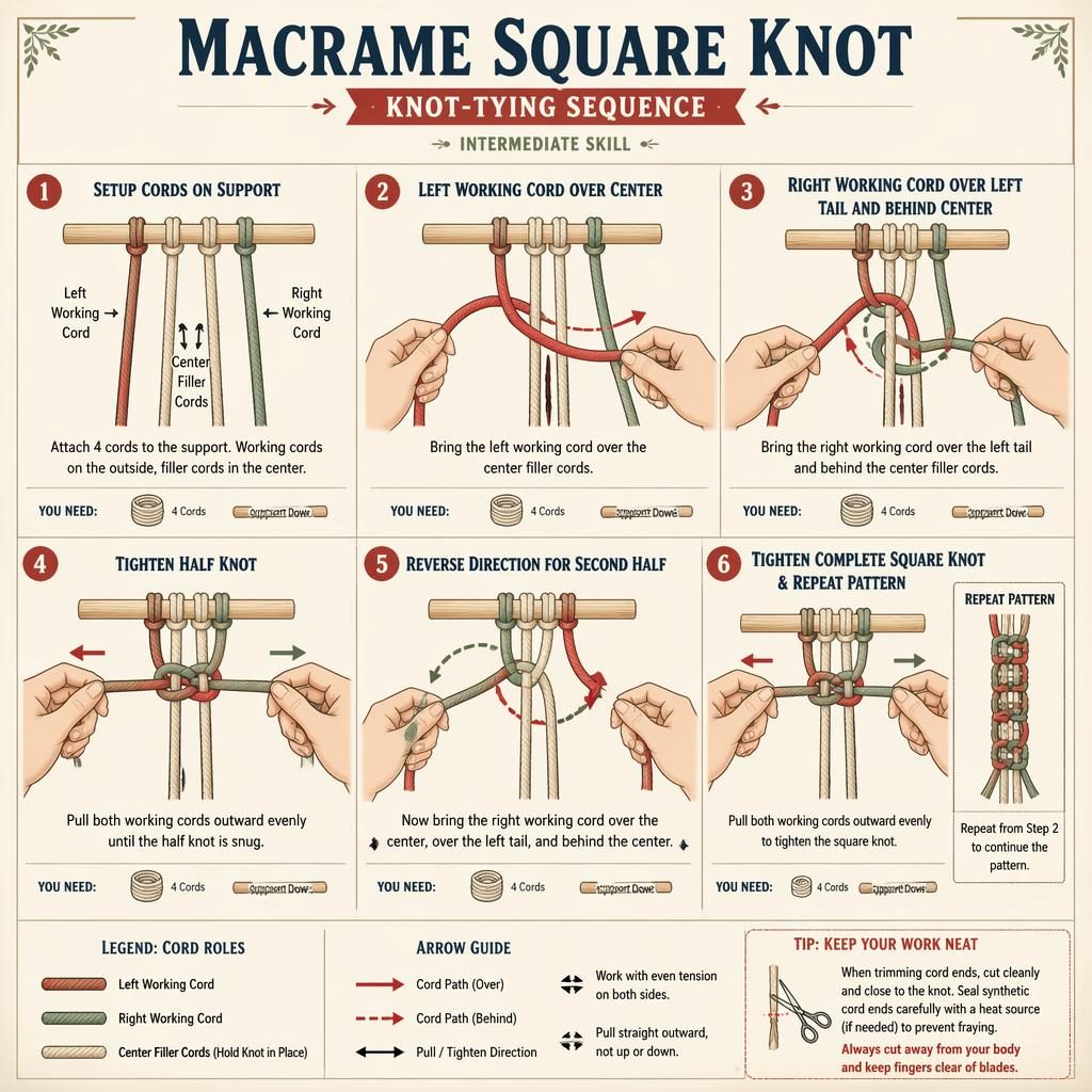 DIY infographic showing 6 numbered steps for tying a macrame square knot with hands, cord paths, arrows, legend, and icons.