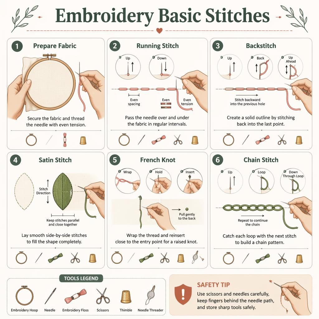 Minimal craft infographic showing 6 embroidery stitch steps in a grid with hoop, hands, needle, floss, tools, and safety tip.