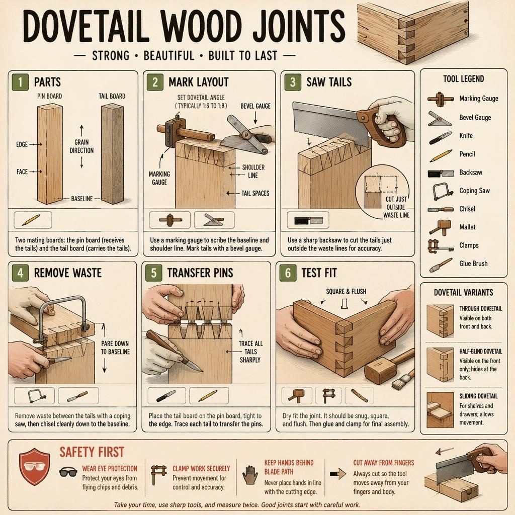 Sketchnote infographic showing 6 steps of dovetail wood joints with hands, tools, safety tip, legend, and variant diagrams.