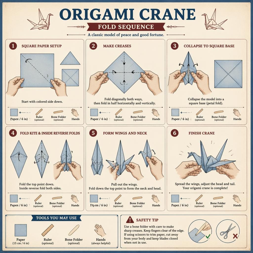 Infografik mit 6 nummerierten Origami-Kran-Faltschritten, Handpositionen, Pfeilen, Falzlinien und kleinen Werkzeugsymbolen.