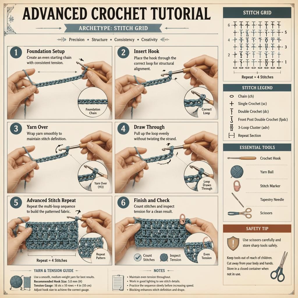 Vintage-style crochet tutorial infographic with 6 numbered steps, stitch grid, hand diagrams, yarn arrows, tool icons
