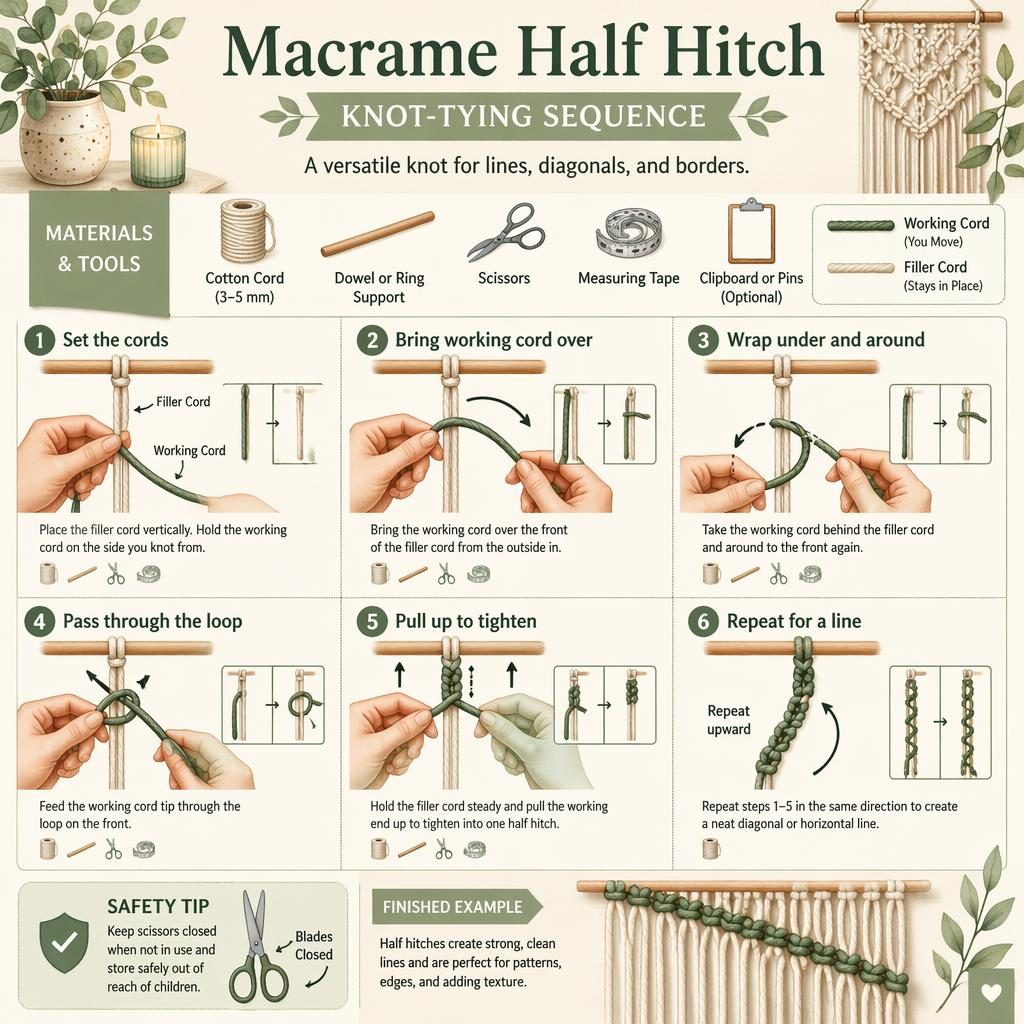 Watercolor craft infographic showing 6 visual steps for tying a macrame half hitch with hands, arrows, cord icons, and tools.