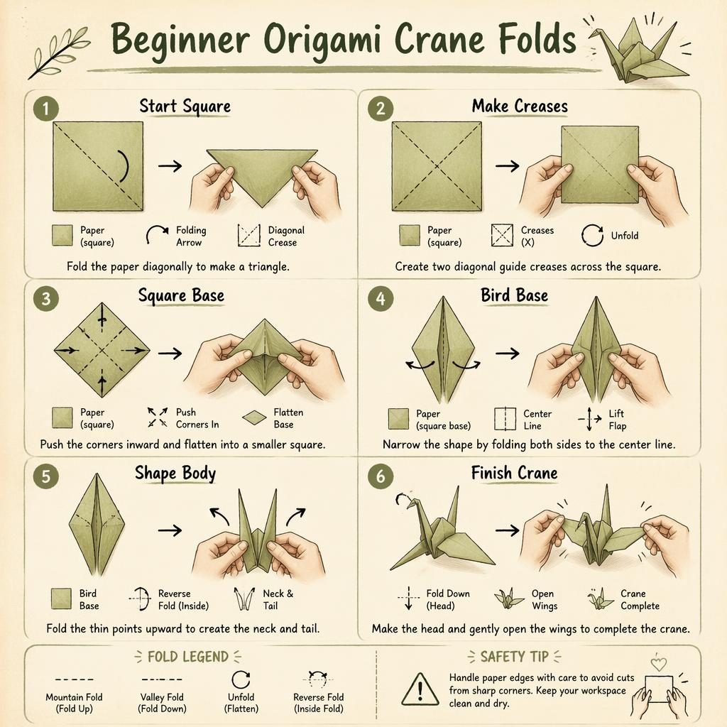 Portrait sketchnote infographic with 6 numbered origami crane folding steps, hand diagrams, fold symbols, legend, and tool icons.