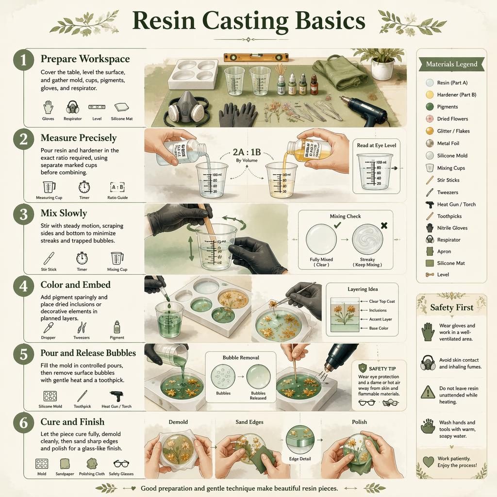 Vertical watercolor DIY infographic showing 6 resin casting steps with hands, tools, molds, safety panels, and captions.