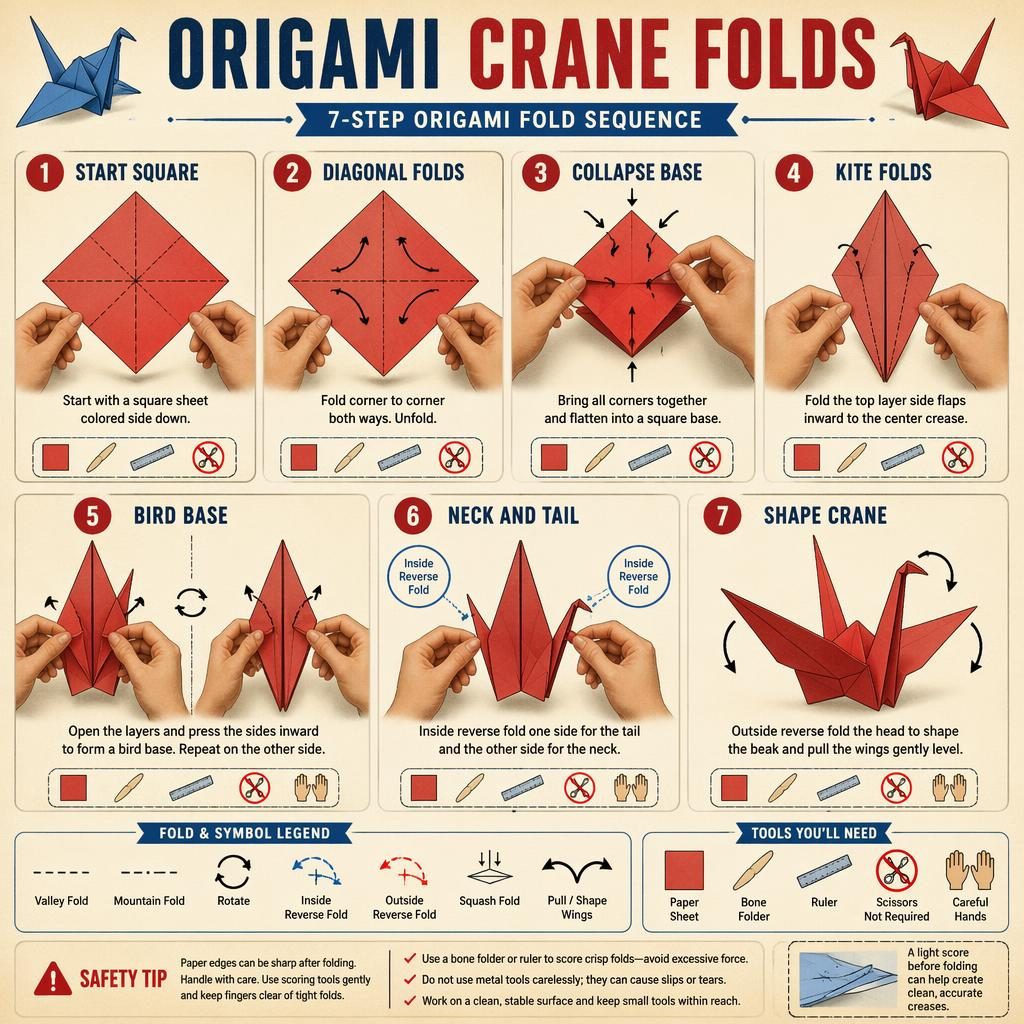 Vintage-style origami crane folds infographic with 7 numbered steps, hand diagrams, fold symbols, and paper craft icons.