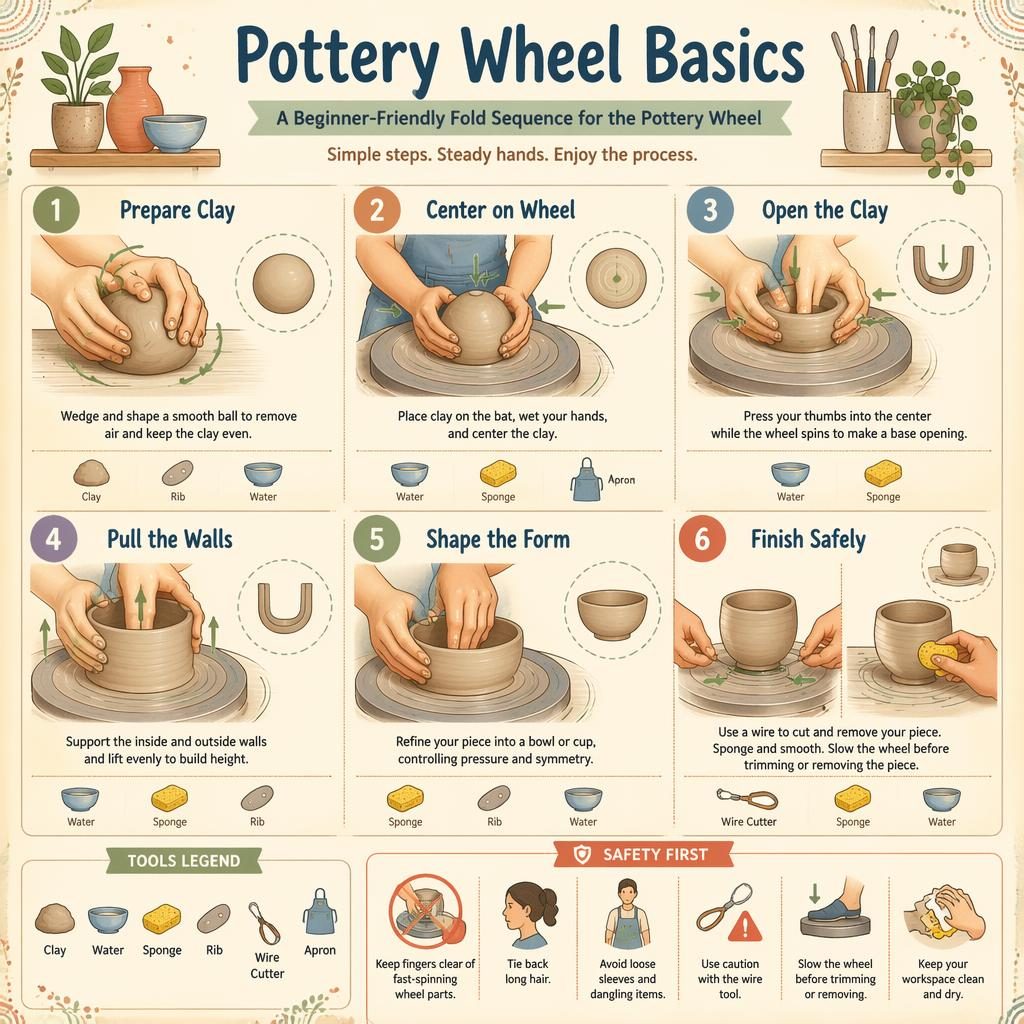 Pastel DIY infographic showing 6 numbered pottery wheel steps with hand diagrams, arrows, tool icons, safety tips, and cream background.