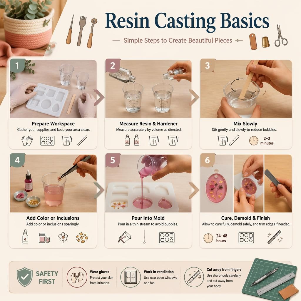 Pastel DIY infographic showing 6 resin casting steps with hands, arrows, tool icons, safety callout, and clean layout.