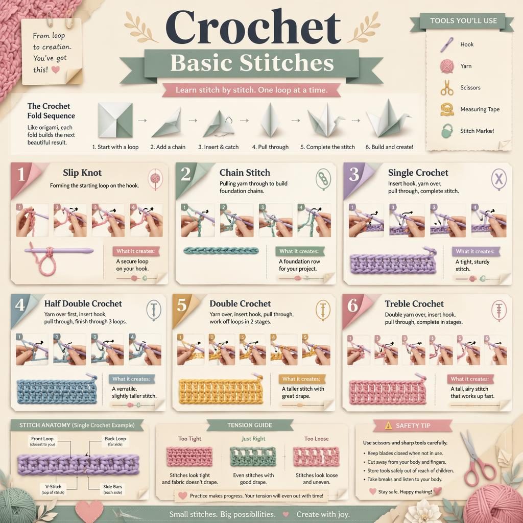 Pastel craft infographic shows 6 numbered crochet basic stitches with papercut-style diagrams, hands, hook, yarn, arrows, and icons.