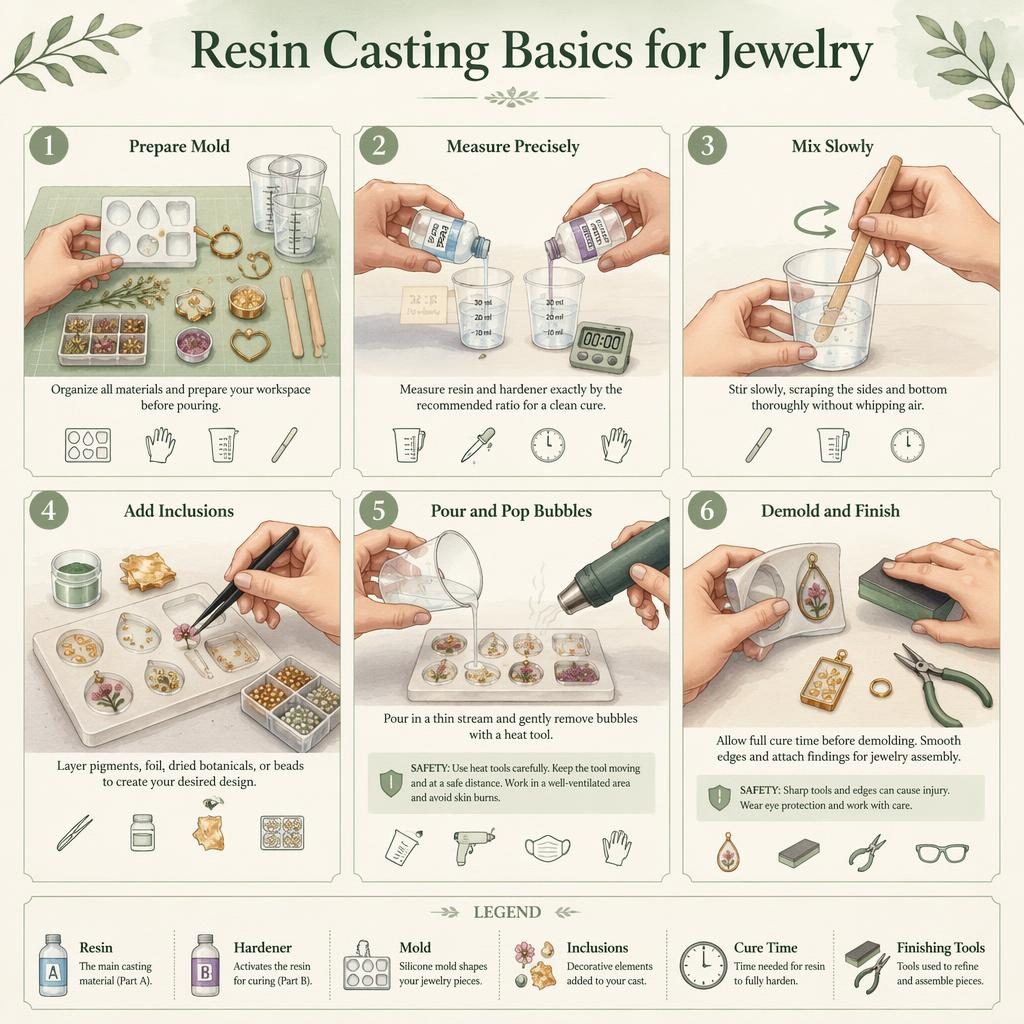 6-step resin casting jewelry infographic with hands mixing, pouring, adding inclusions, demolding, and safety notes