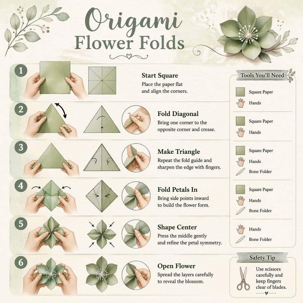 Vertikale DIY-Infografik mit 6 nummerierten Schritten, Händen, quadratischem Papier, Faltpfeilen und fertiger Origami-Blüte.