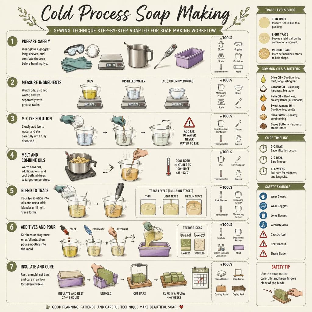 Sketchnote infographic showing 7 numbered cold process soap making steps, tools, safety icons, trace legend, and cure panel.