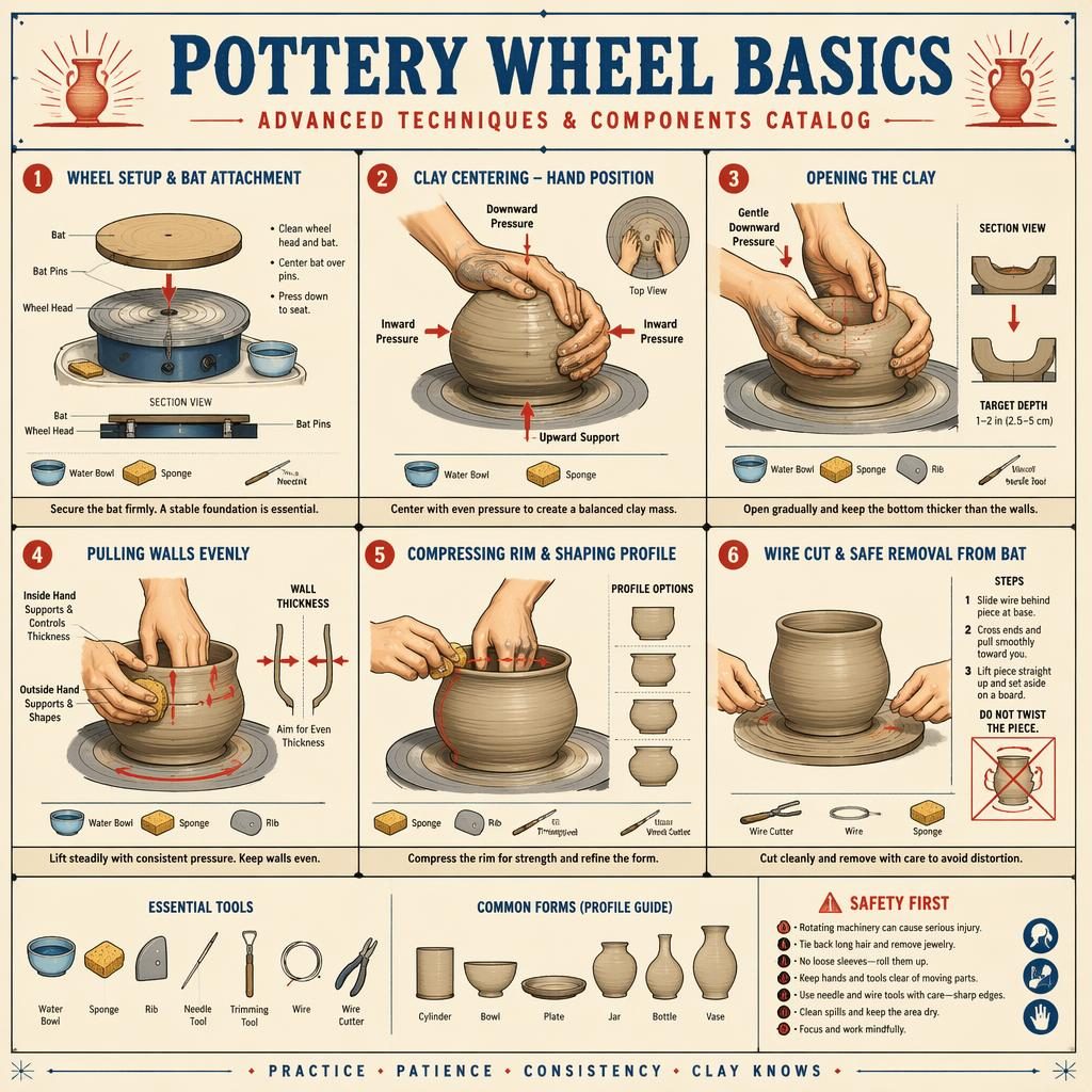 Vintage-style pottery wheel basics infographic with 6 numbered panels showing wheel setup, centering, opening, pulling walls, rim shaping, and wire cutting.
