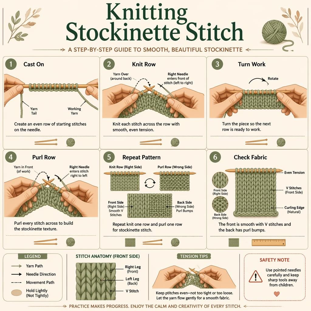 Flat craft infographic showing 6 numbered knitting stockinette stitch steps with hands, yarn, needles, arrows, swatch, and safety note.