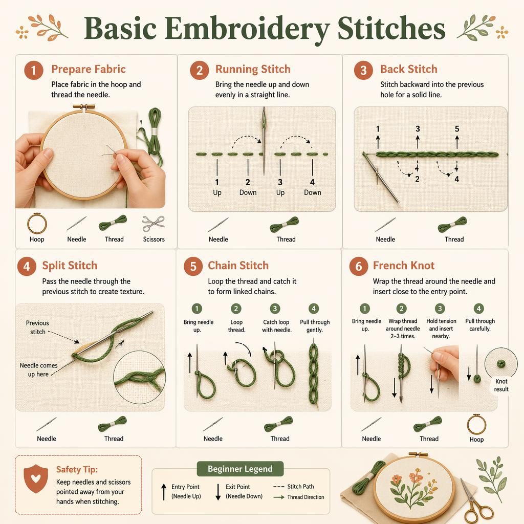 Cream craft infographic showing 6 basic embroidery stitches with hoop, needle, thread arrows, hand positions, legend, and safety tip.