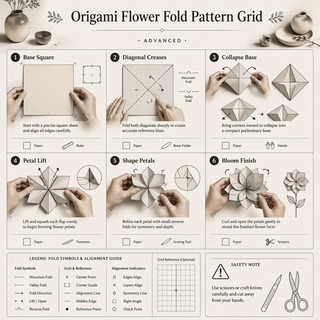 Minimalistische Origami-Infografik mit 6 Schritten, Handpositionen, Faltlinien, Symbollegende und Sicherheitshinweis.