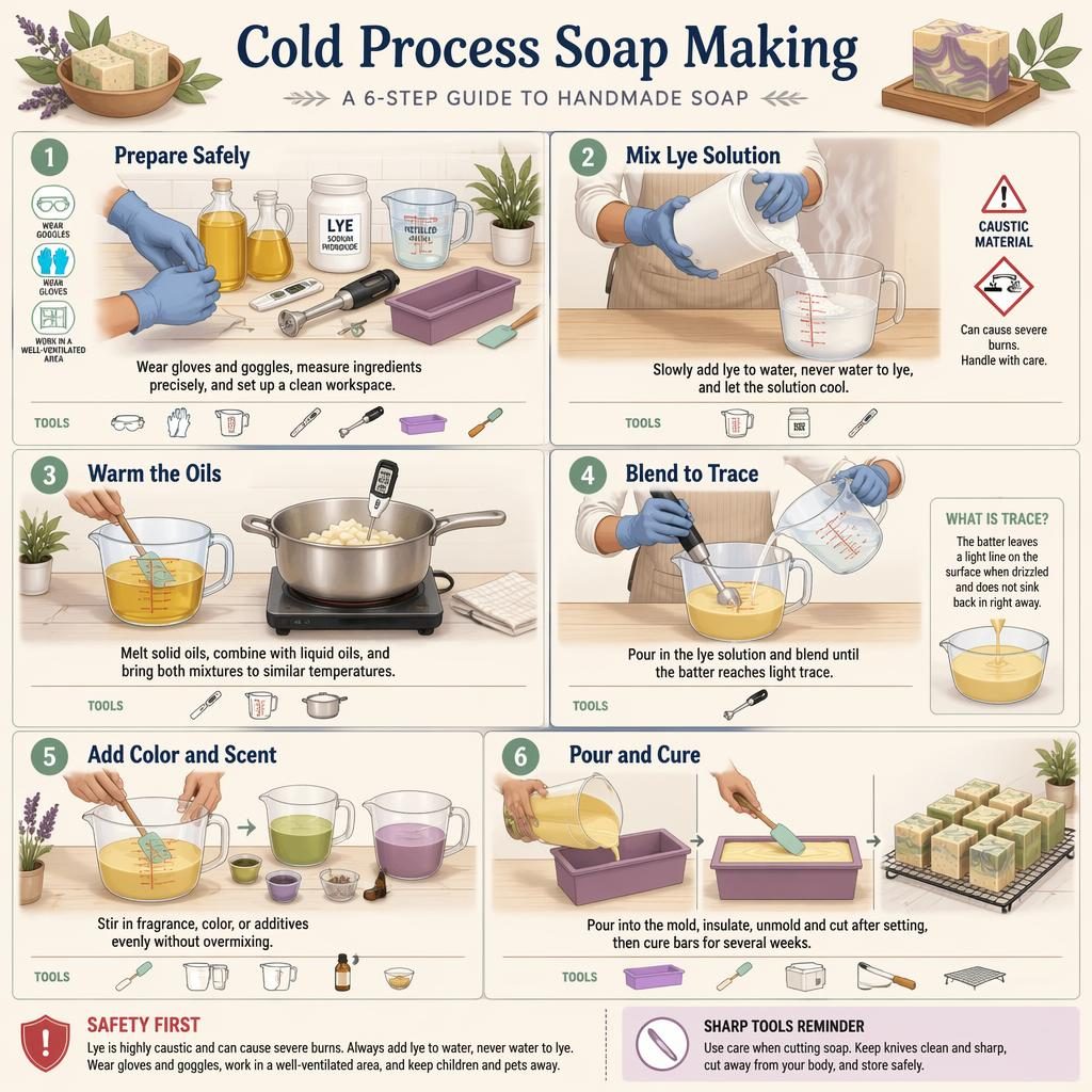 6-teilige DIY-Infografik zur Kaltverseifung mit Händen, Werkzeugen, Sicherheitsicons, Pastellfarben und Magazinlayout.
