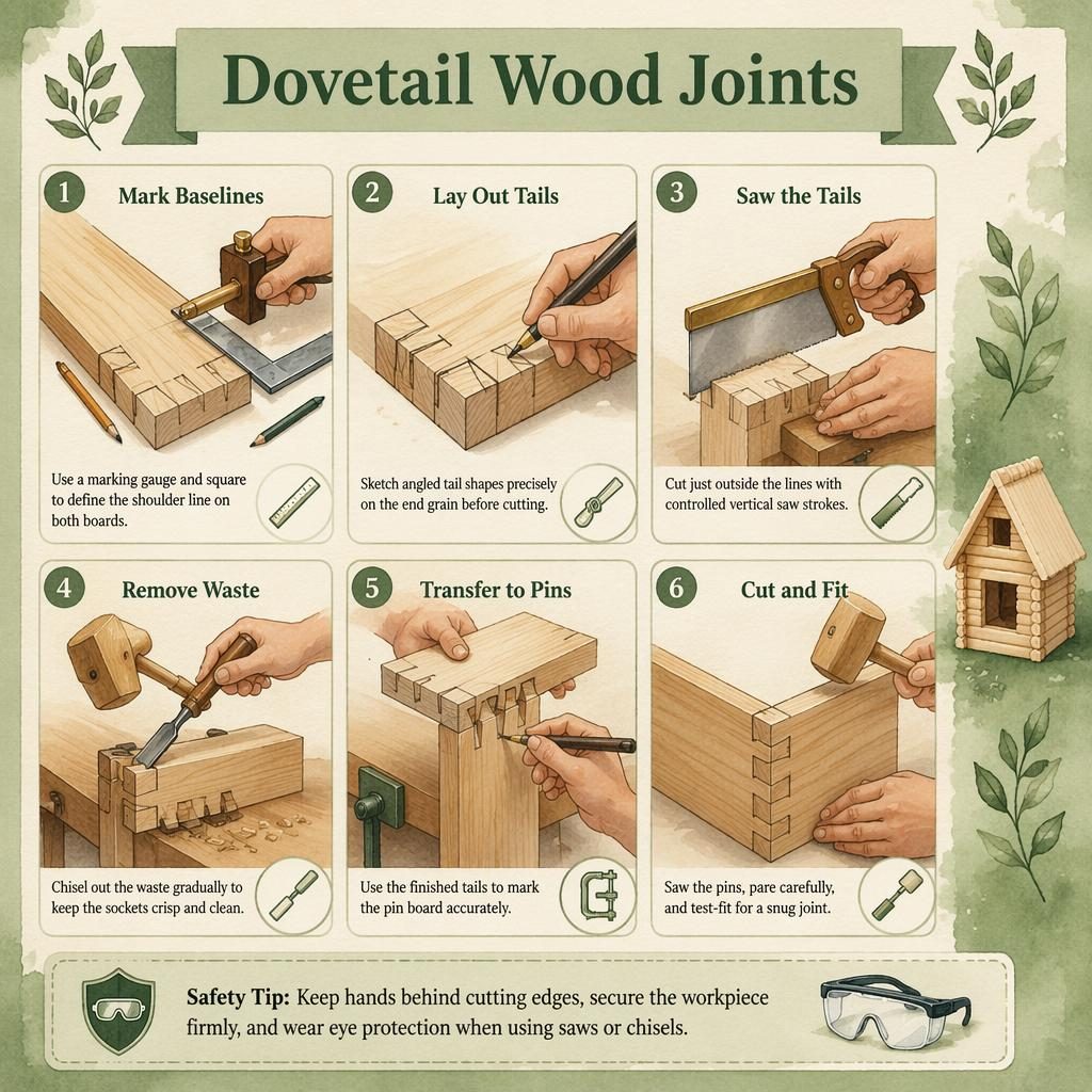 Watercolor DIY infographic showing 6 numbered steps for cutting and fitting dovetail wood joints with safe hand positions.