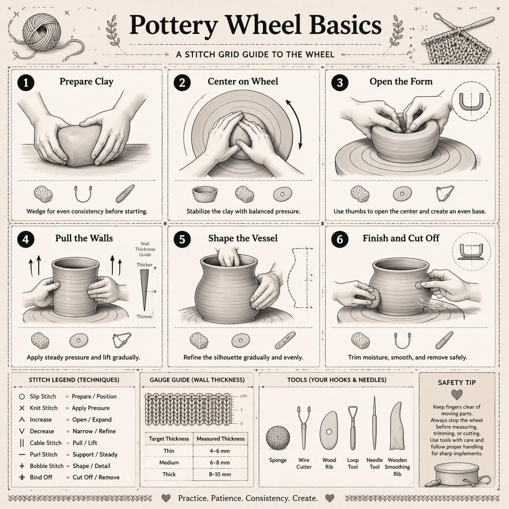 Monochrome craft infographic with 6 numbered panels showing pottery wheel basics as knit-style hand diagrams and tools.