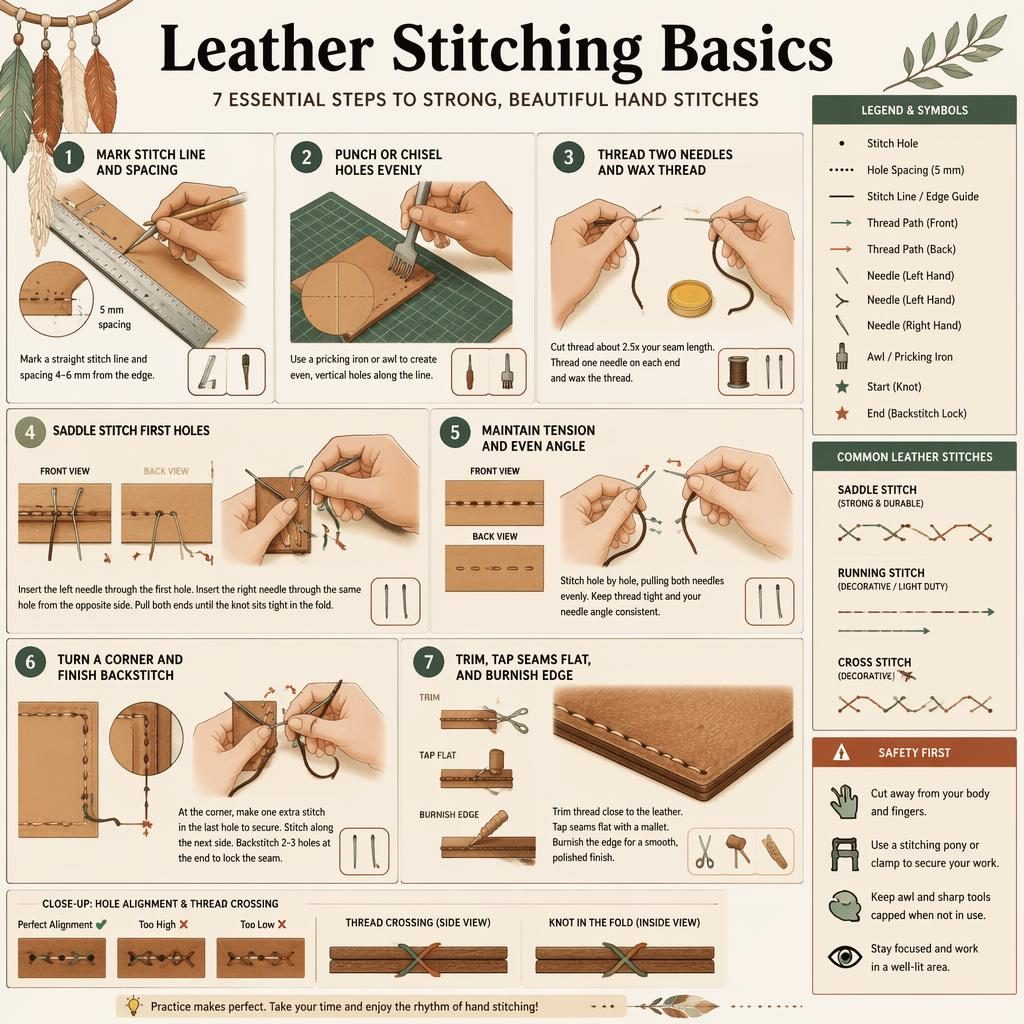 Sketchnote infographic showing 7 leather stitching steps, tool icons, stitch legend, safety callout, and comparison strip.