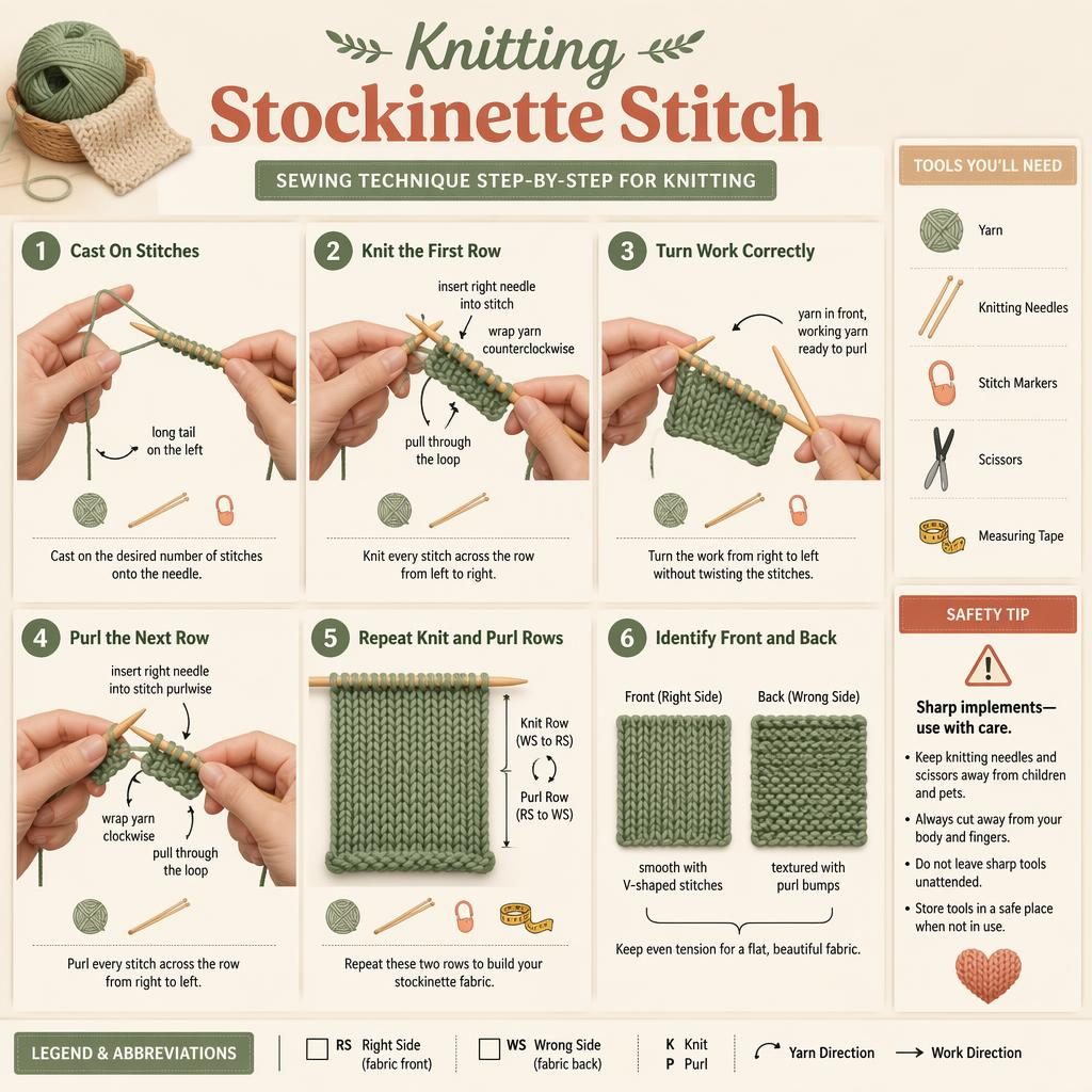 Editorial craft infographic showing 6 steps for knitting stockinette stitch with hands, needles, yarn, icons, and safety tip.