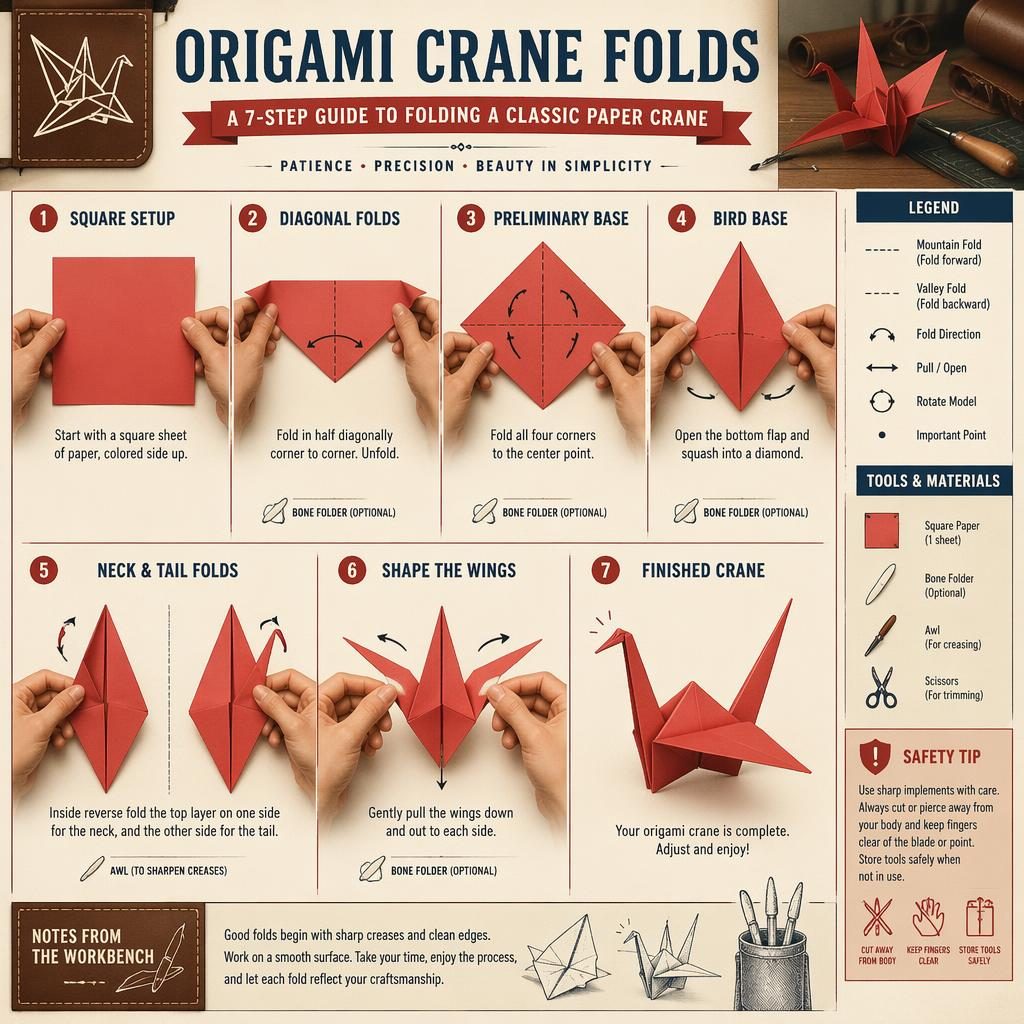Vintage-Craft-Infografik mit 7 nummerierten Origami-Kranich-Faltschritten, Händen, Pfeilen, Legende und Lederwerkstatt-Details