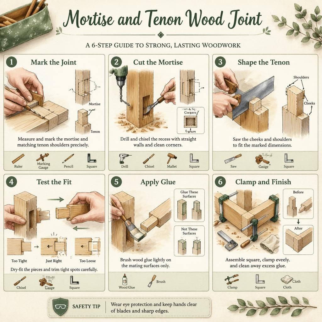 Watercolor DIY infographic showing 6 steps for a mortise and tenon wood joint, with tools, hand positions, arrows, and fabric pencil case prop.