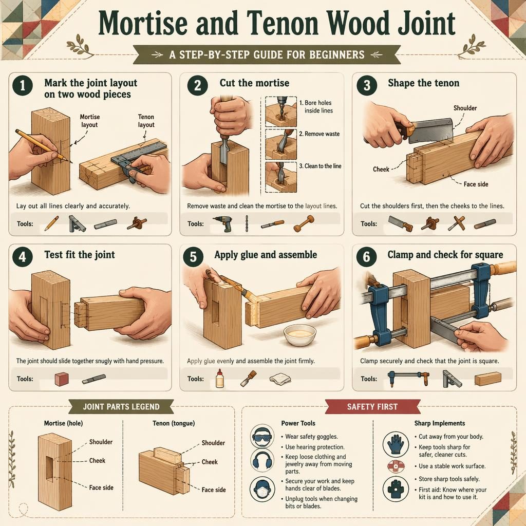 DIY infographic showing 6 numbered steps for a mortise and tenon wood joint with diagrams, arrows, labels, tool icons, hands, and safety tips.