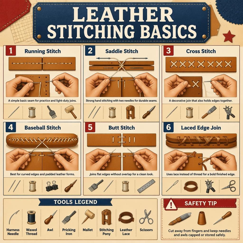 DIY-Infografik mit 6 nummerierten Lederstich-Panels, Werkzeuglegende, Sicherheitshinweis und anatomisch korrekten Händen.