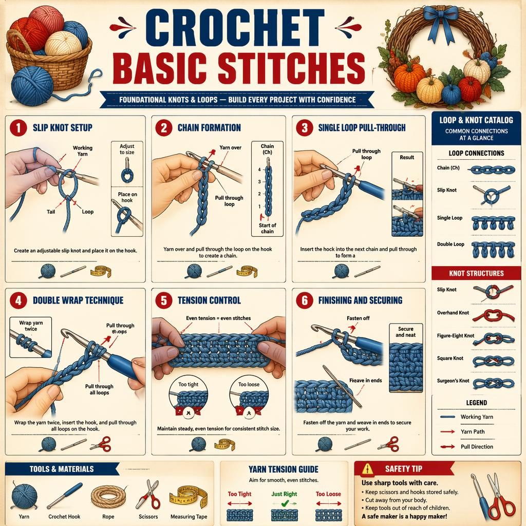 Vintage-style crochet infographic with 6 numbered knot-tying steps, hand diagrams, tool icons, and a yarn pumpkin wreath vignette.