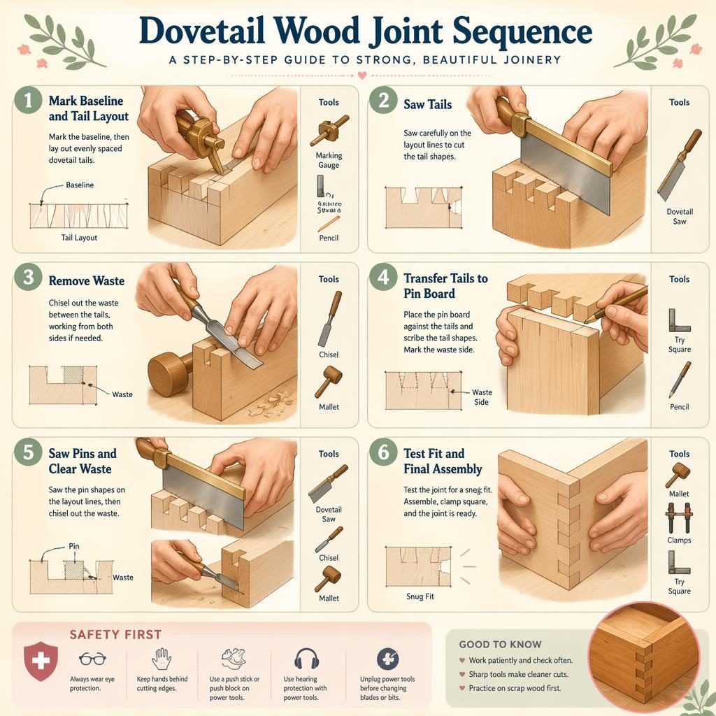 Pastel DIY infographic shows 6 numbered steps for making dovetail wood joints with diagrams, hand positions, tool icons, and safety tip.