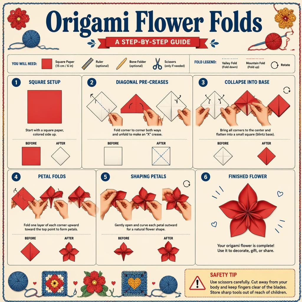 Vintage-style origami flower infographic with 6 numbered fold steps, hand diagrams, arrows, symbols, tool icons, and safety tip.