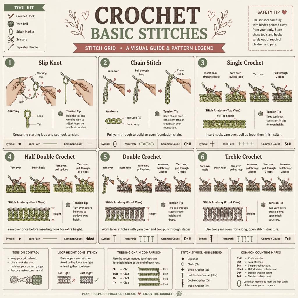 Sketchnote crochet infographic with 6 numbered panels showing slip knot, chain, single, half double, double, and treble crochet