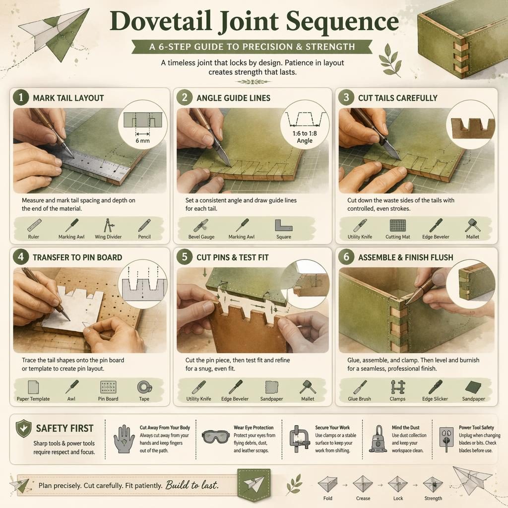DIY-Infografik mit 6 nummerierten Panels zur Schwalbenschwanzfolge, Hände, Leder-Schablonen, Pfeile, Icons und Safety-Tipp.