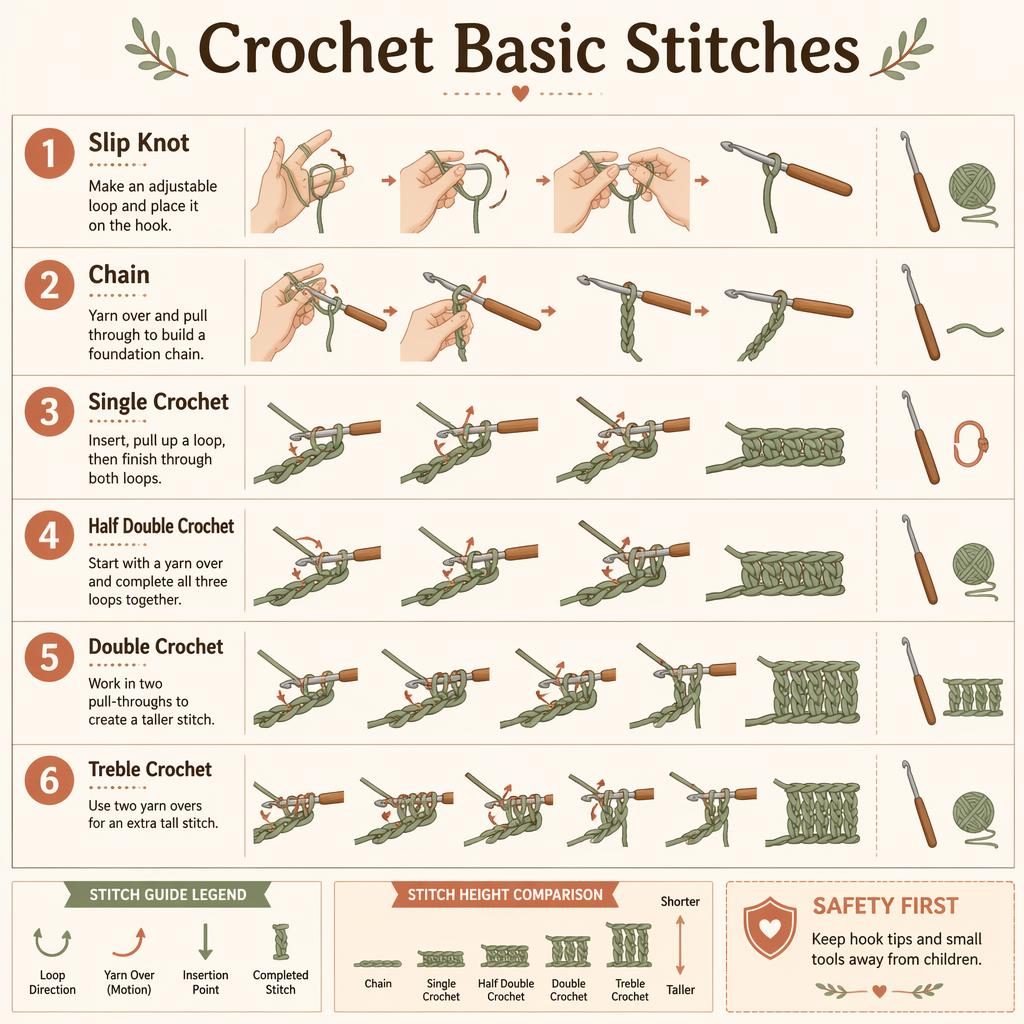 Vertical crochet basics infographic with 6 numbered stitch steps, hand diagrams, legend, tool icons, and safety note.