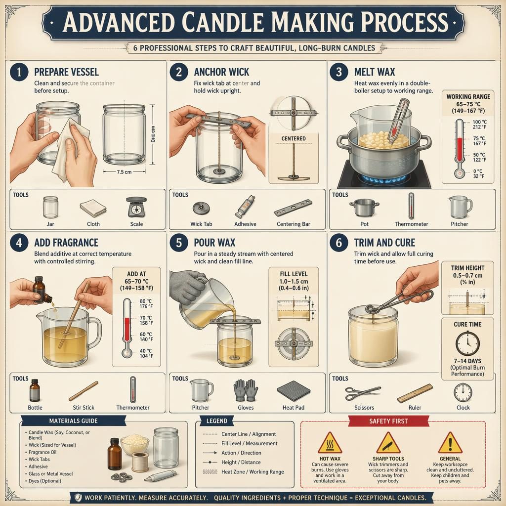 6-step candle making infographic with numbered diagrams, hand positions, tools, materials panel, and safety icons.