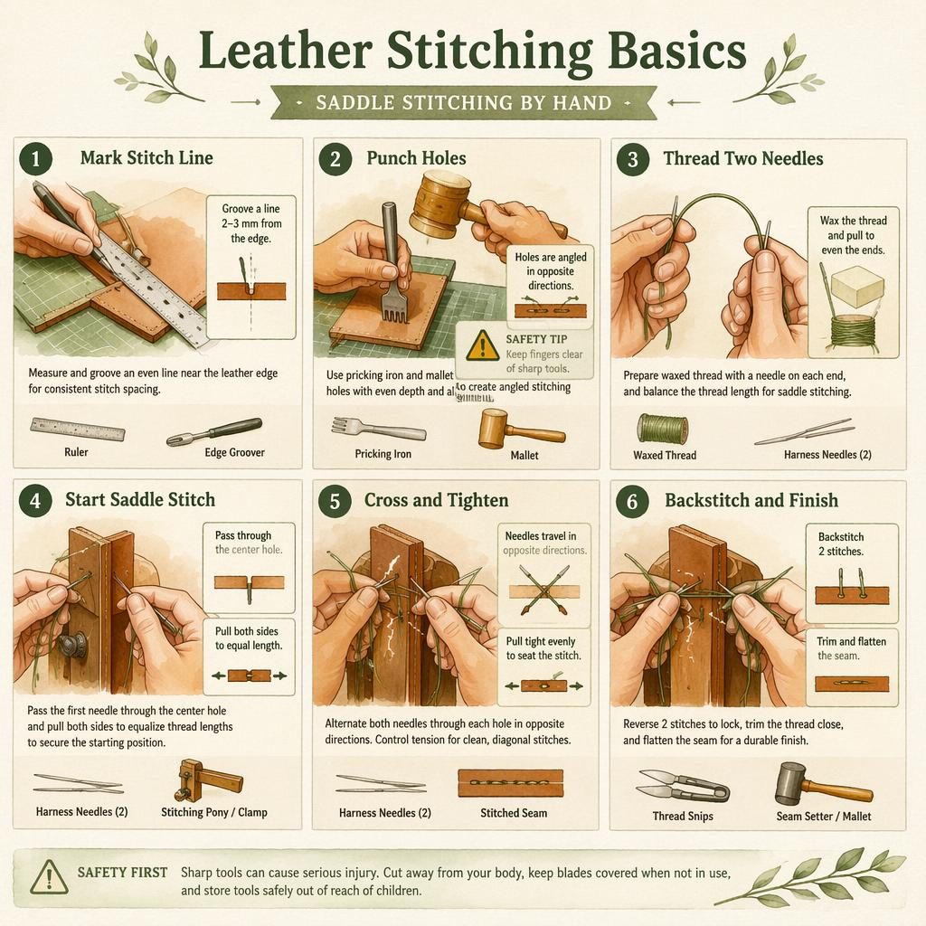Watercolor DIY infographic of 6 leather stitching steps with hands, tools, arrows, icons, and safety callouts on sage paper.